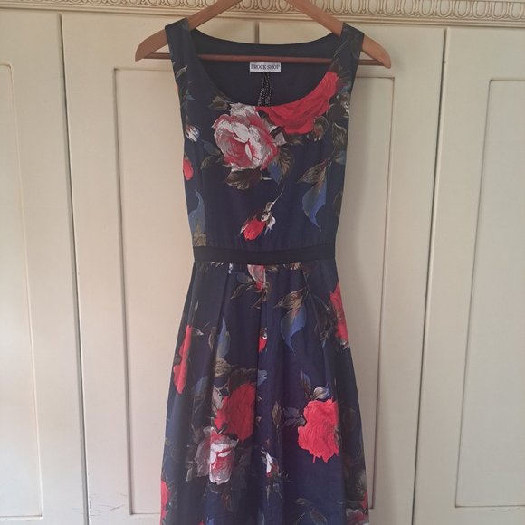 Frock Shop Dark Blue Red Floral Sleeveless Midi Dress Sz L fits more like Med - Picture 3 of 6